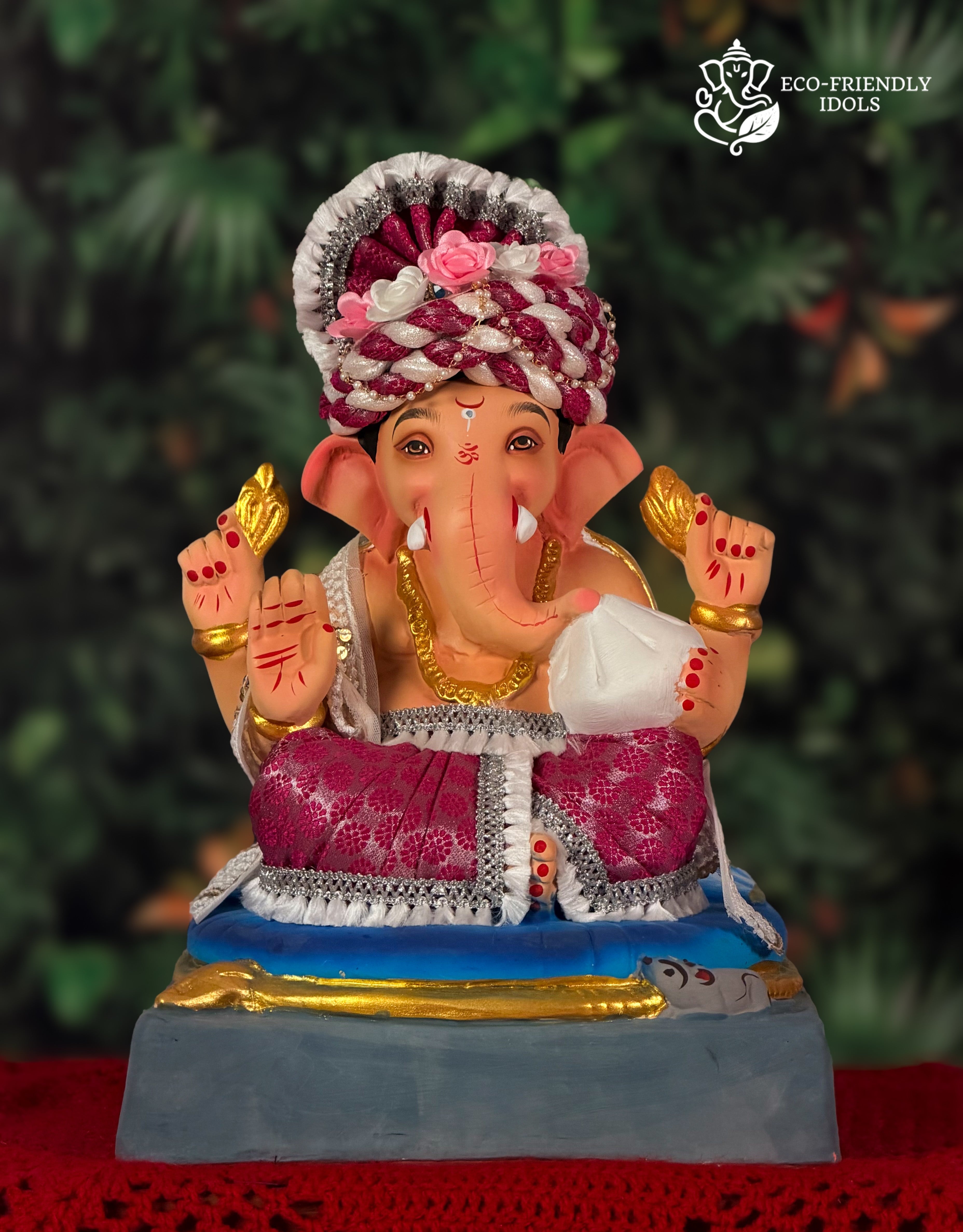 Padmasan Ganesh idol holding modak, 12 inches, eco-friendly Shadu Mathi clay murti in maroon and white