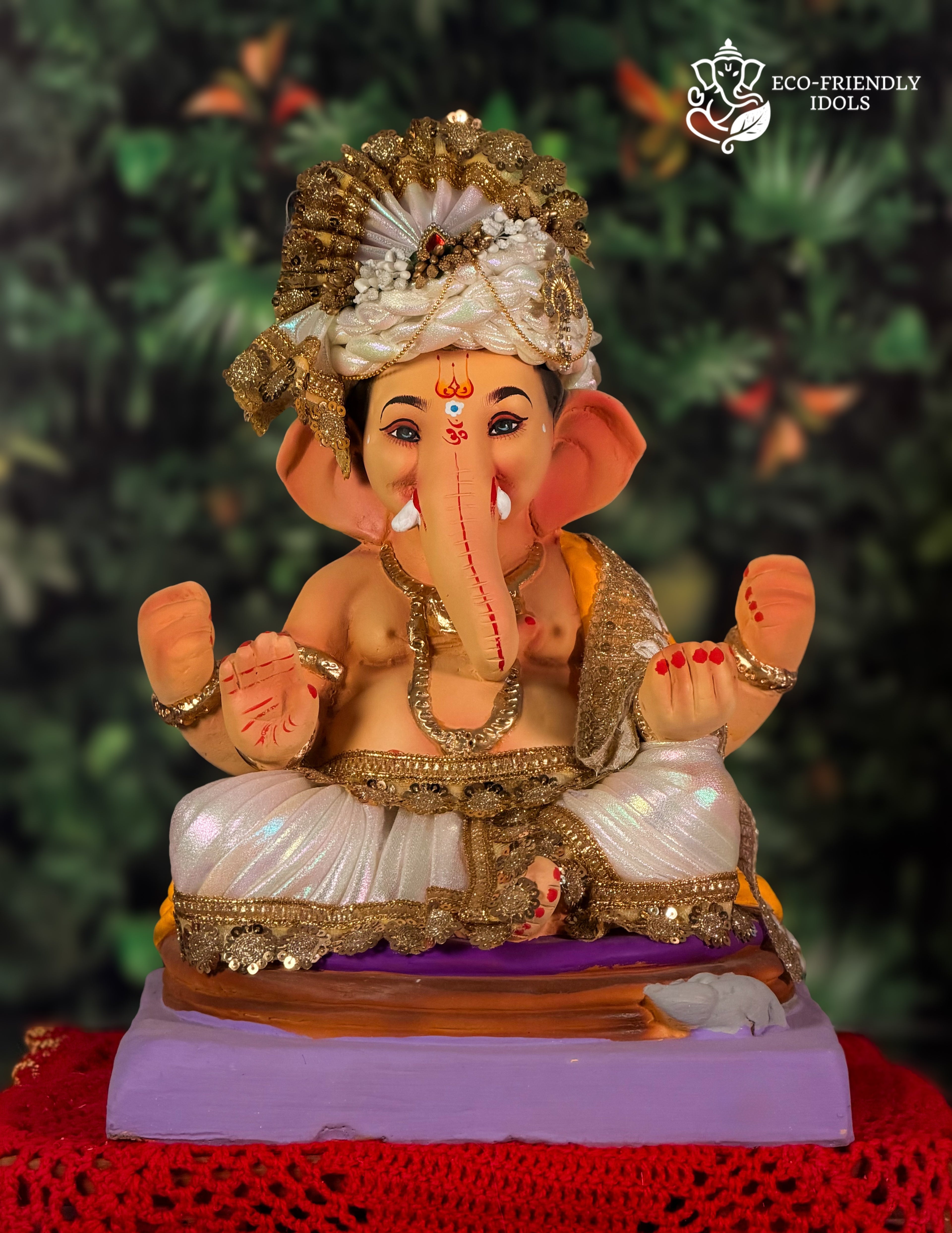 Padmasan Ganesh idol in ivory and gold, 15 inches, eco-friendly Shadu Mathi clay murti in seated lotus posture