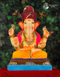 Padmasan Ganesh idol in orange and pink with red feta, 18 inches, eco-friendly Shadu Mathi clay murti