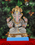 Padmasan style Ganesh idol in gray, 12 inches, eco-friendly Shadu Mathi clay murti with gold accents