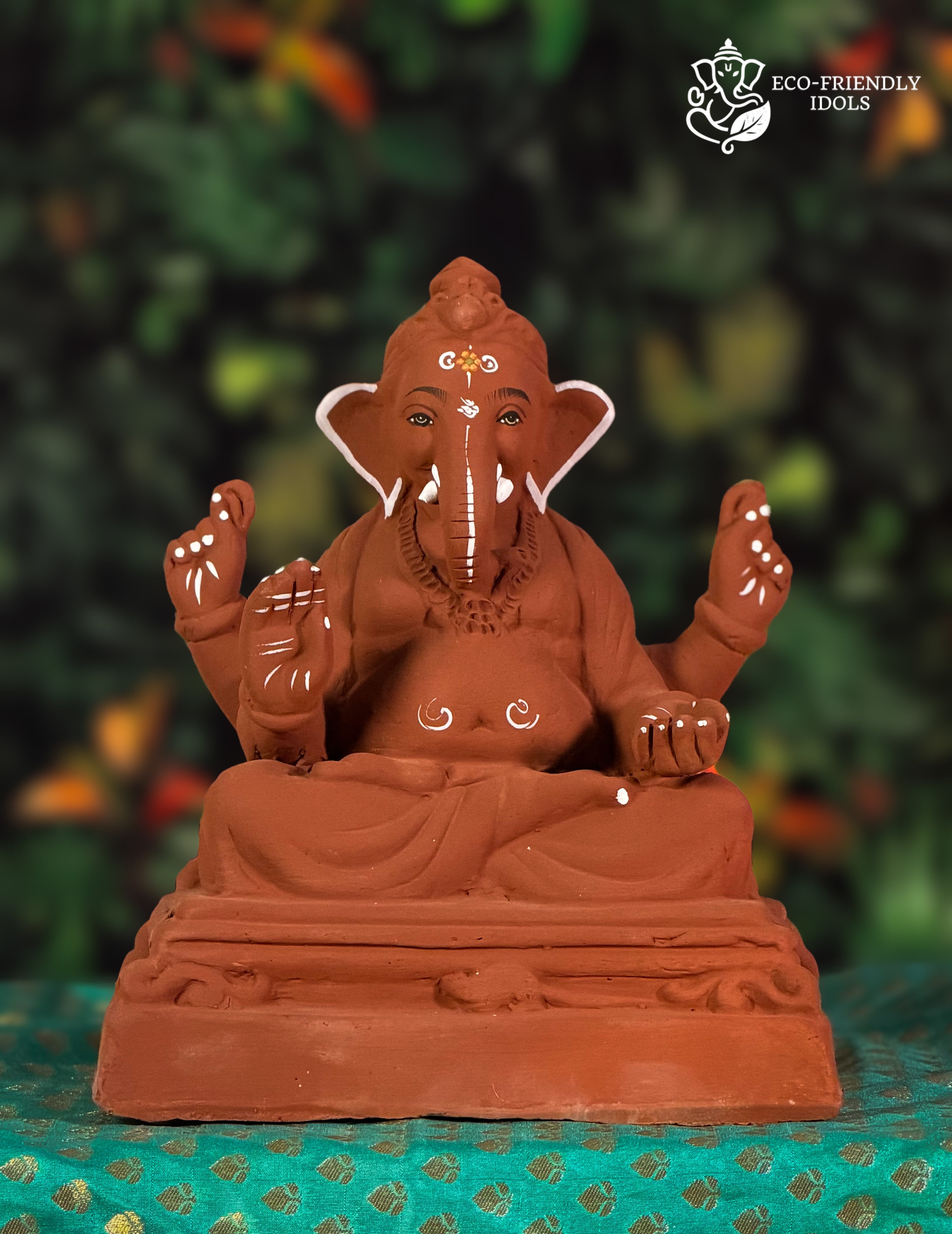 Padmasan style Ganesh idol in red soil, eco-friendly handmade murti in seated meditation posture