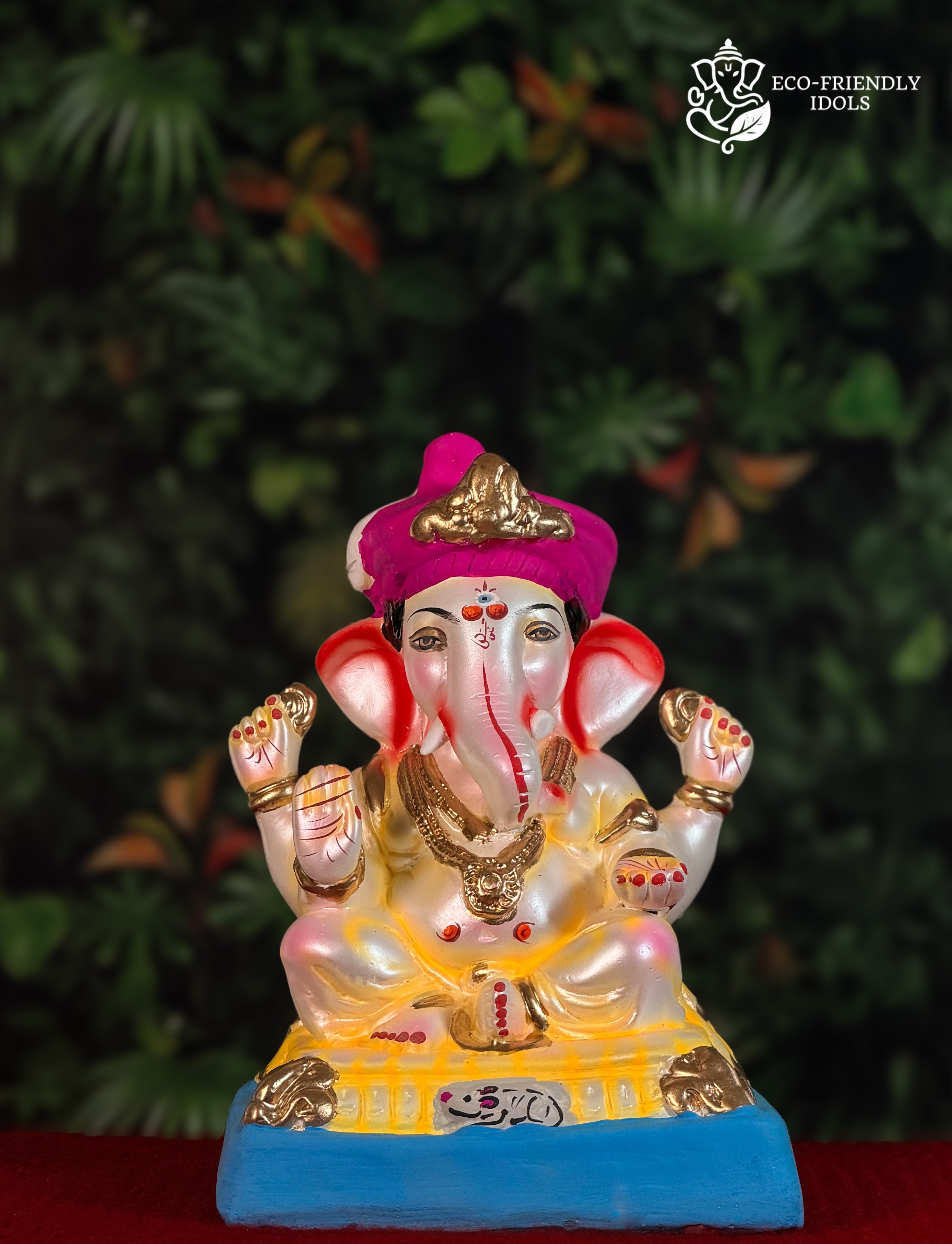 Pearl Mandi Ganesh idol in pink feta, 10 inches, elegant traditional murti