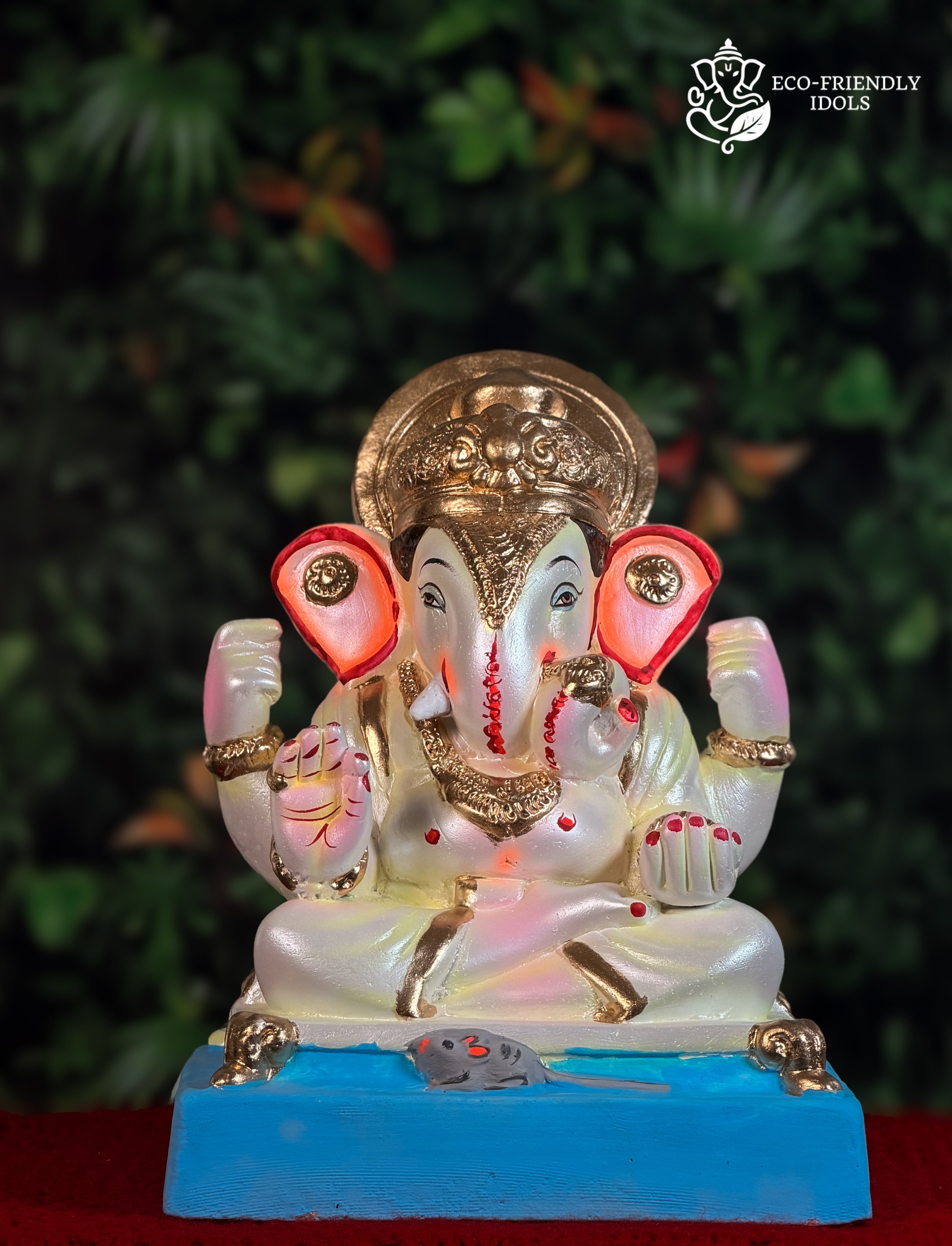 Pearl Yellow Dagdusheth Ganesh idol, 10 inches, compact traditional murti