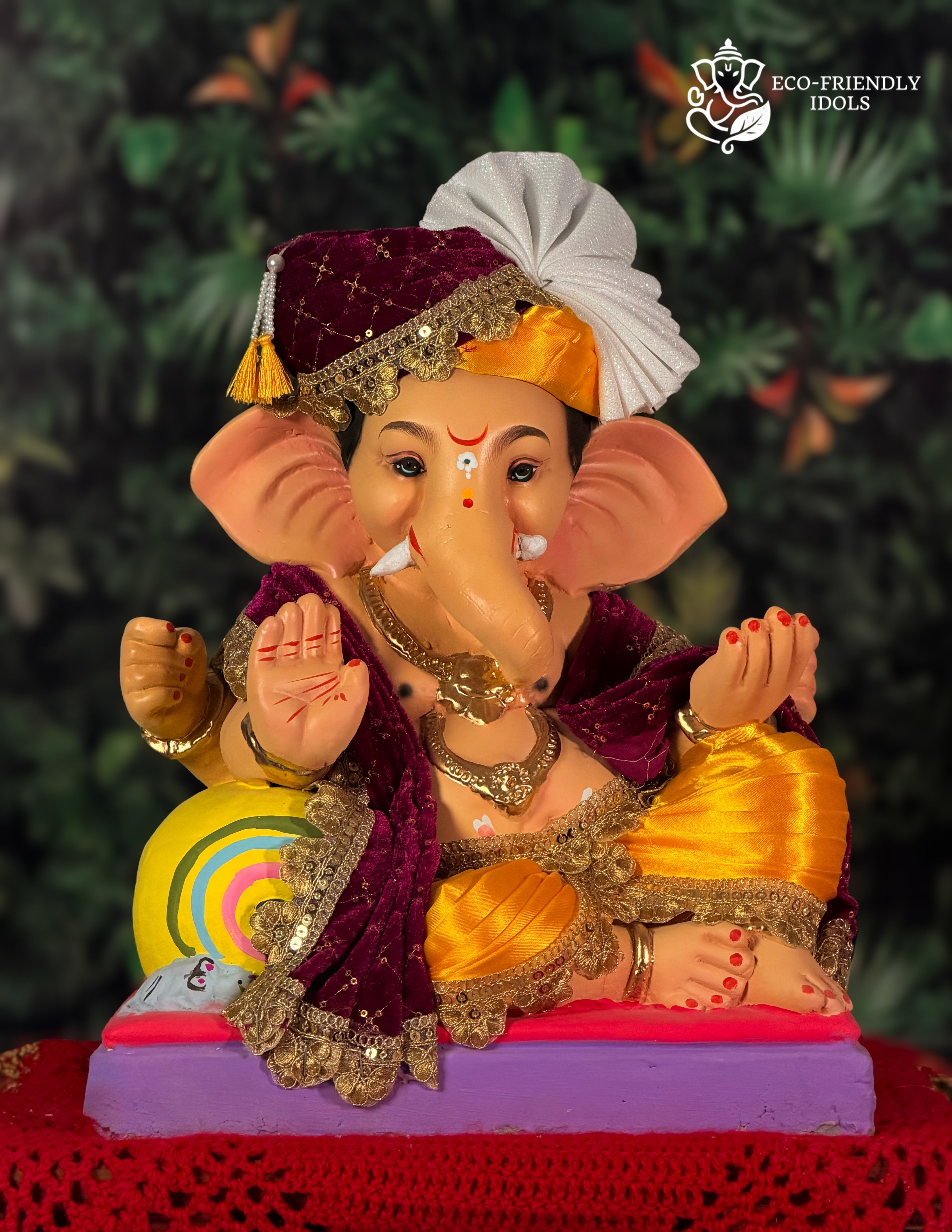 Peshwai Ganesh idol in maroon and orange, 15 inches, eco-friendly Shadu Mathi clay murti with plumed pagdi