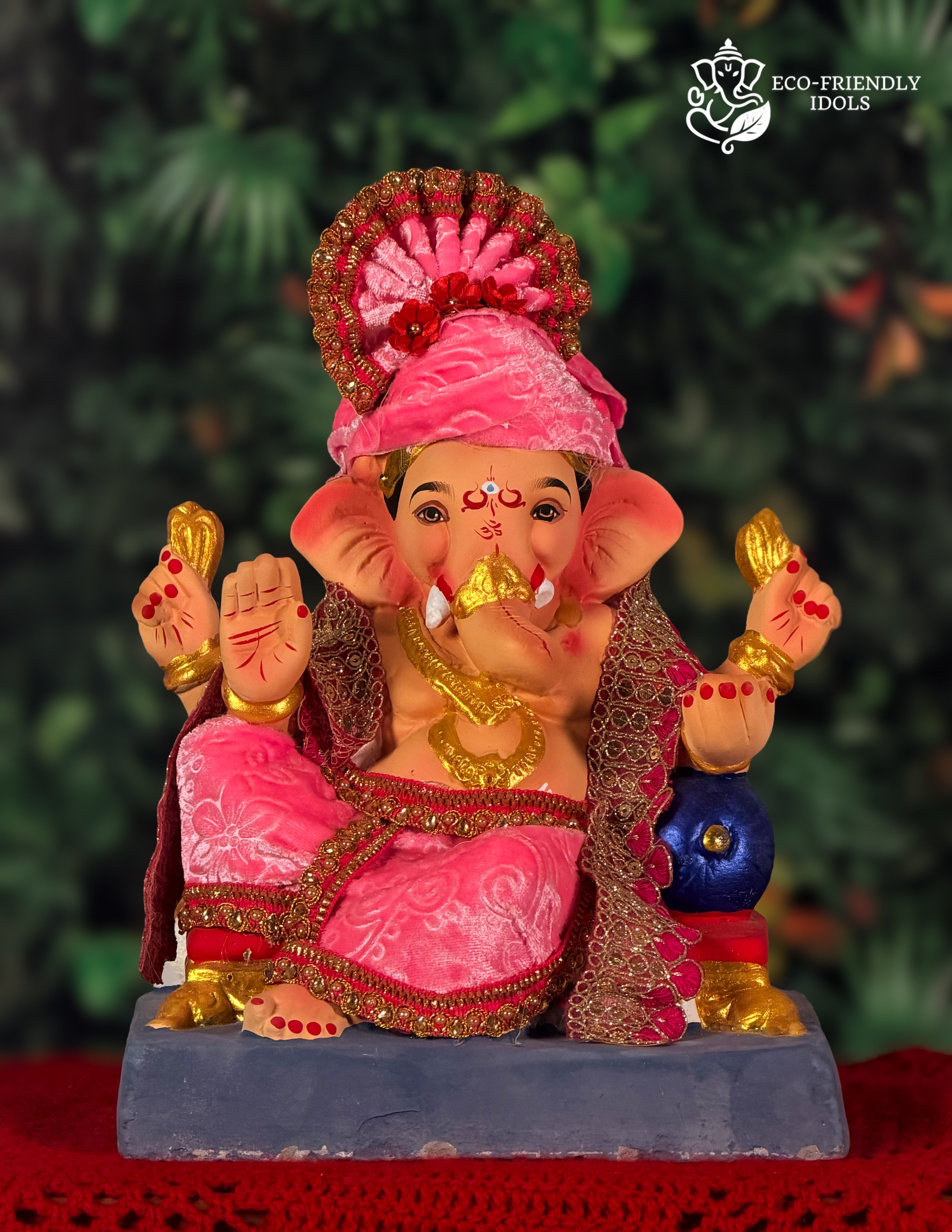 Peshwai Ganesh idol in pink and brown, 12 inches, eco-friendly Shadu Mathi clay murti with pagdi