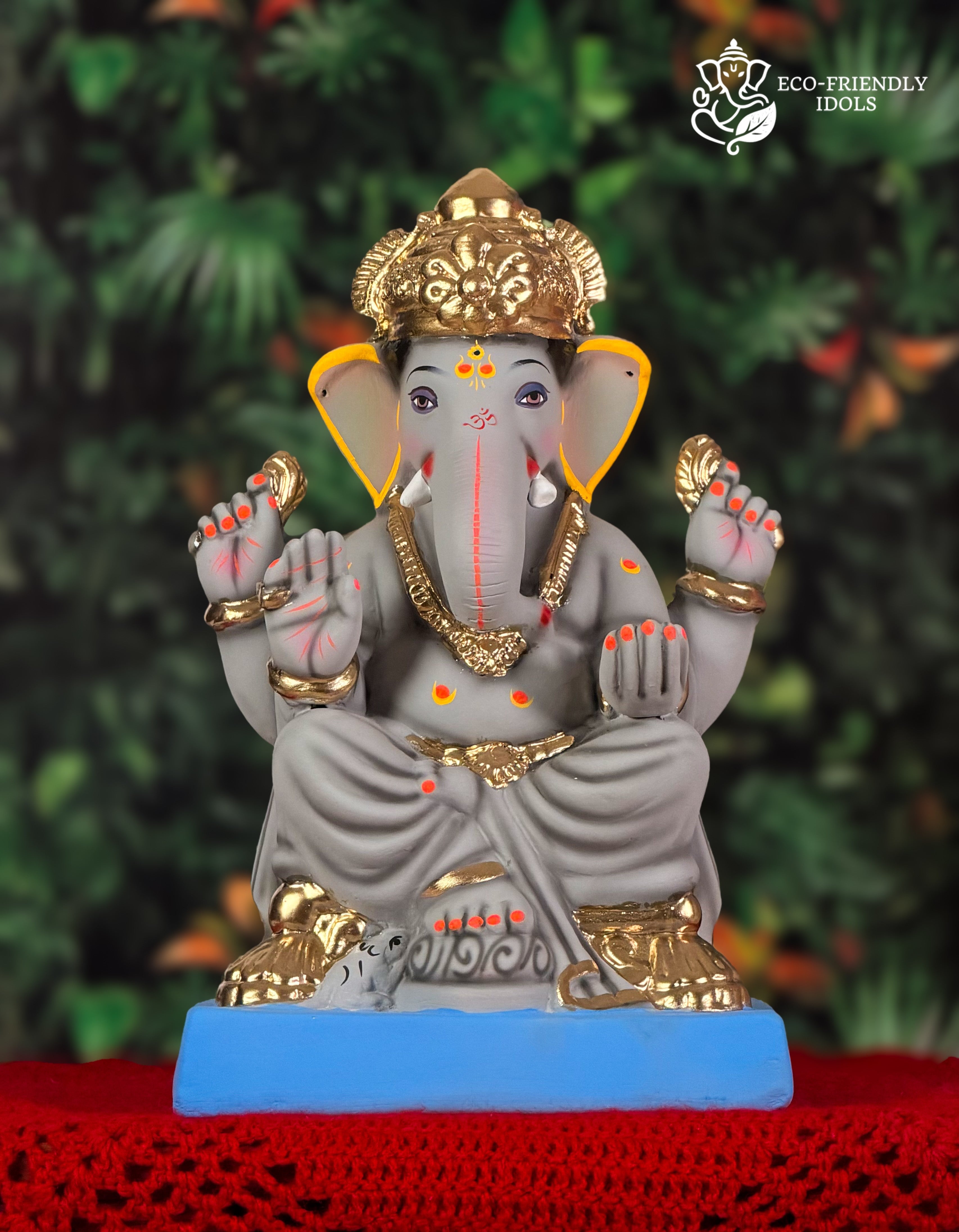 Philips style Ganesh idol in gray, 12 inches, eco-friendly Shadu Mathi clay murti with gold accents