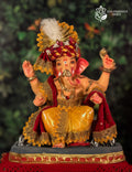 Raja Ganesh idol in maroon and gold, 15 inches, eco-friendly Shadu Mathi clay murti with feathered crown