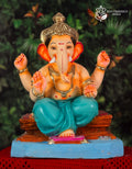 Rajeshahi Asan Ganesh idol in teal, 18 inches, eco-friendly Shadu Mathi clay murti with golden crown