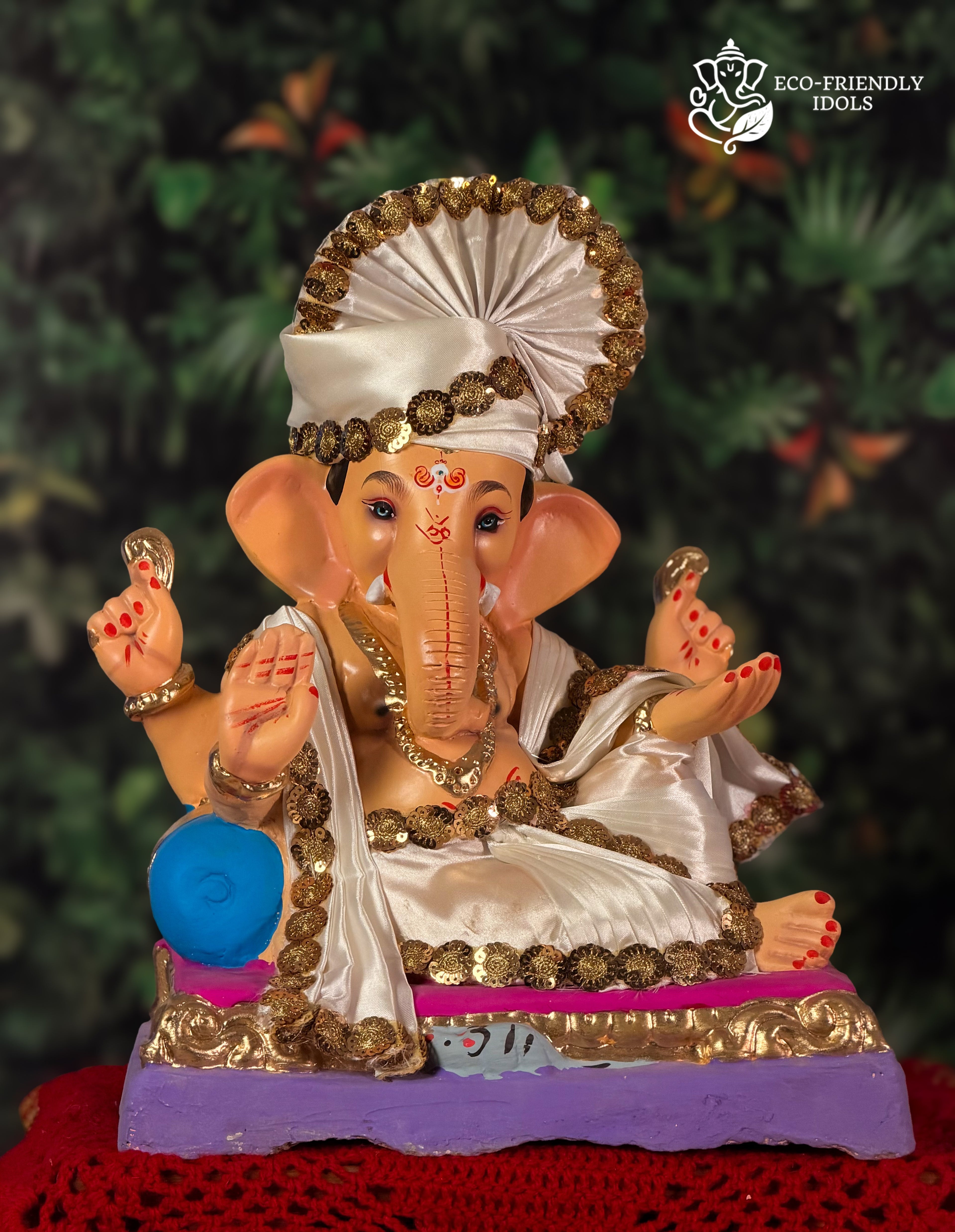 Rajeshahi Single Load Ganesh idol in ivory and gold, 15 inches, eco-friendly Shadu Mathi clay murti with fan crown
