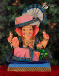 Shivrekar Ganesh idol in blue and pink, 15 inches, eco-friendly Shadu Mathi clay murti with fan pagdi