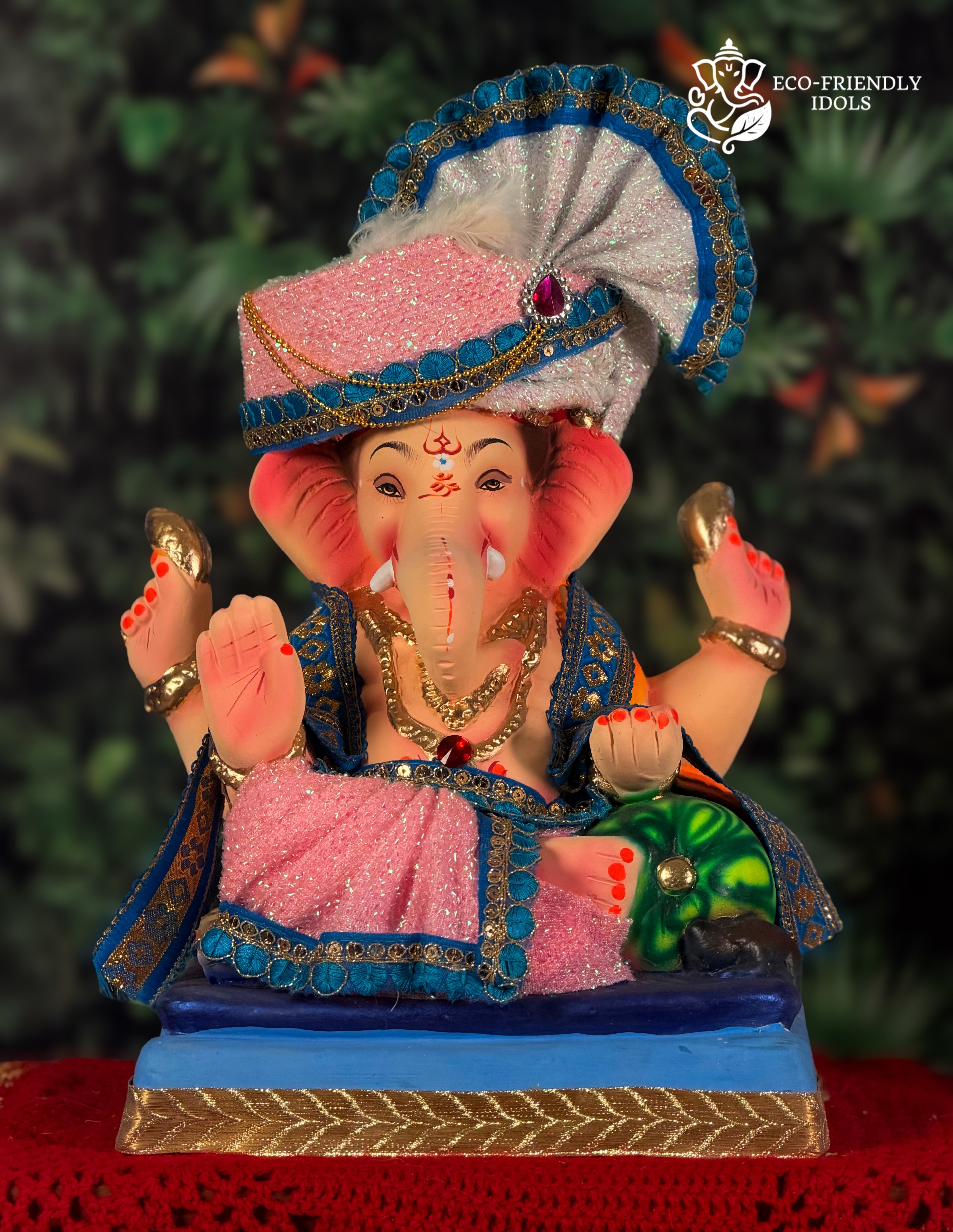 Shivrekar Ganesh idol in blue and pink, 15 inches, eco-friendly Shadu Mathi clay murti with fan pagdi
