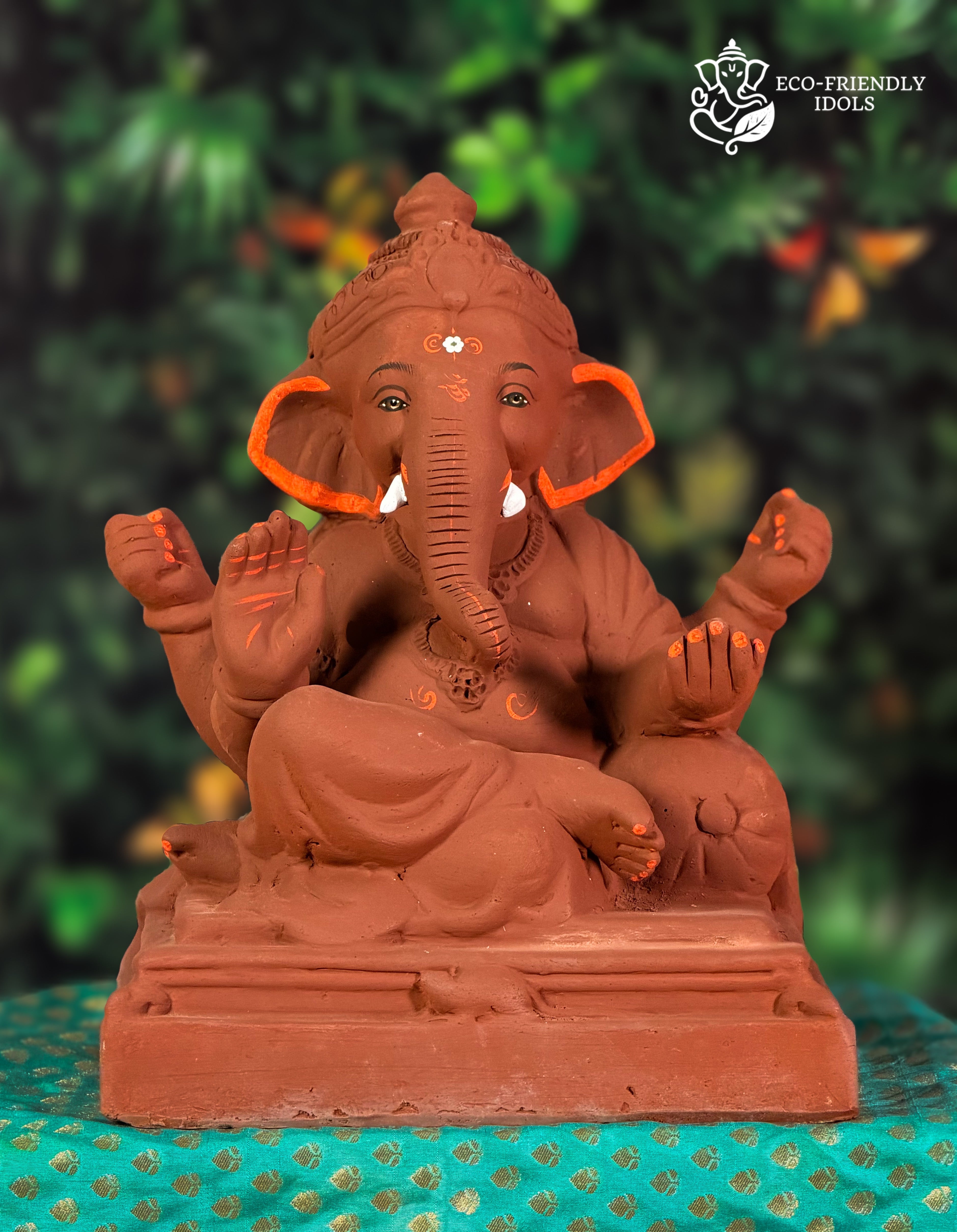 Shivrekar Ganesh idol in natural red soil with colored borders, 12 inches, eco-friendly handmade murti