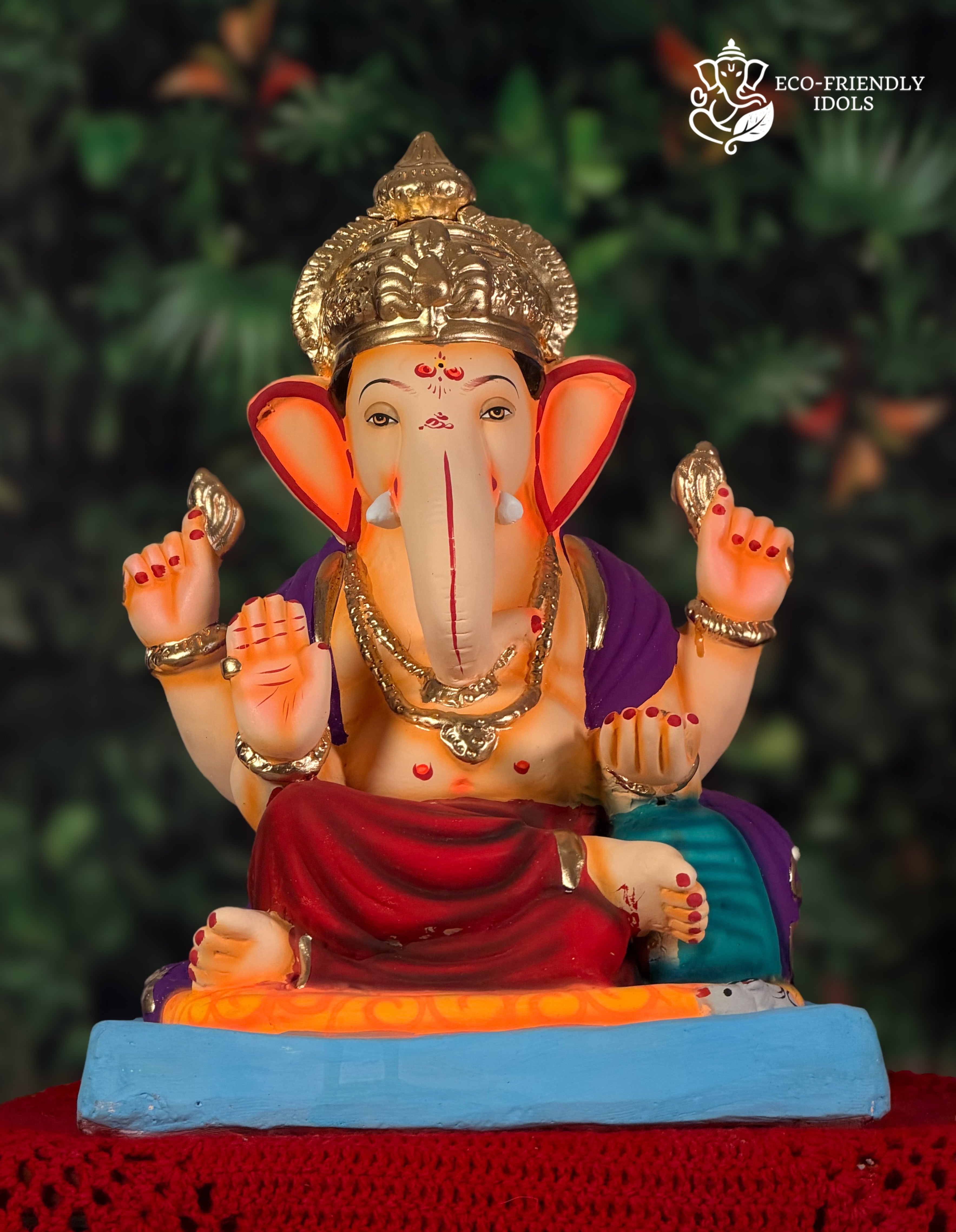 Shivrekar Ganesh idol in red and purple, 15 inches, eco-friendly Shadu Mathi clay murti with golden crown