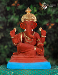 Shivrekar Ganesh idol in red soil with golden crown, 15 inches, eco-friendly handmade murti