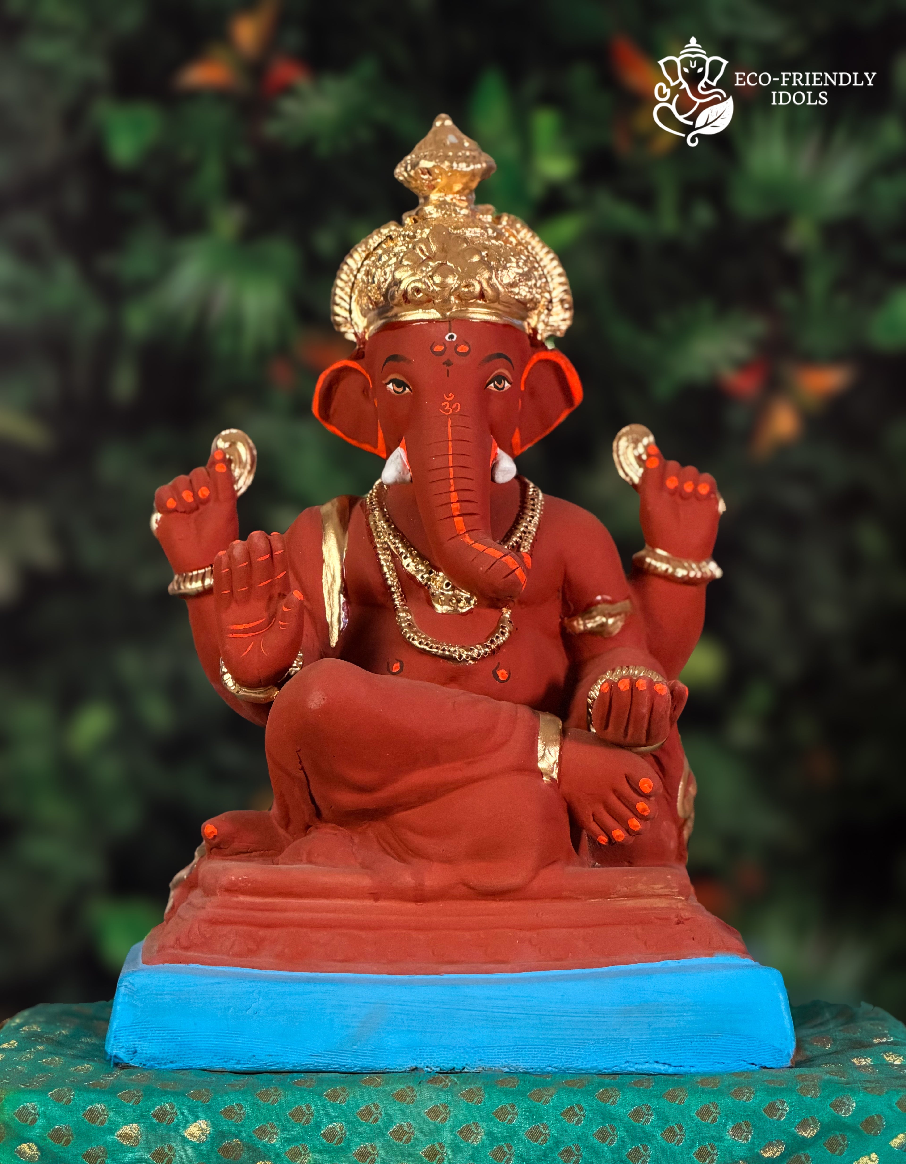 Shivrekar Ganesh idol in red soil with golden crown, 15 inches, eco-friendly handmade murti