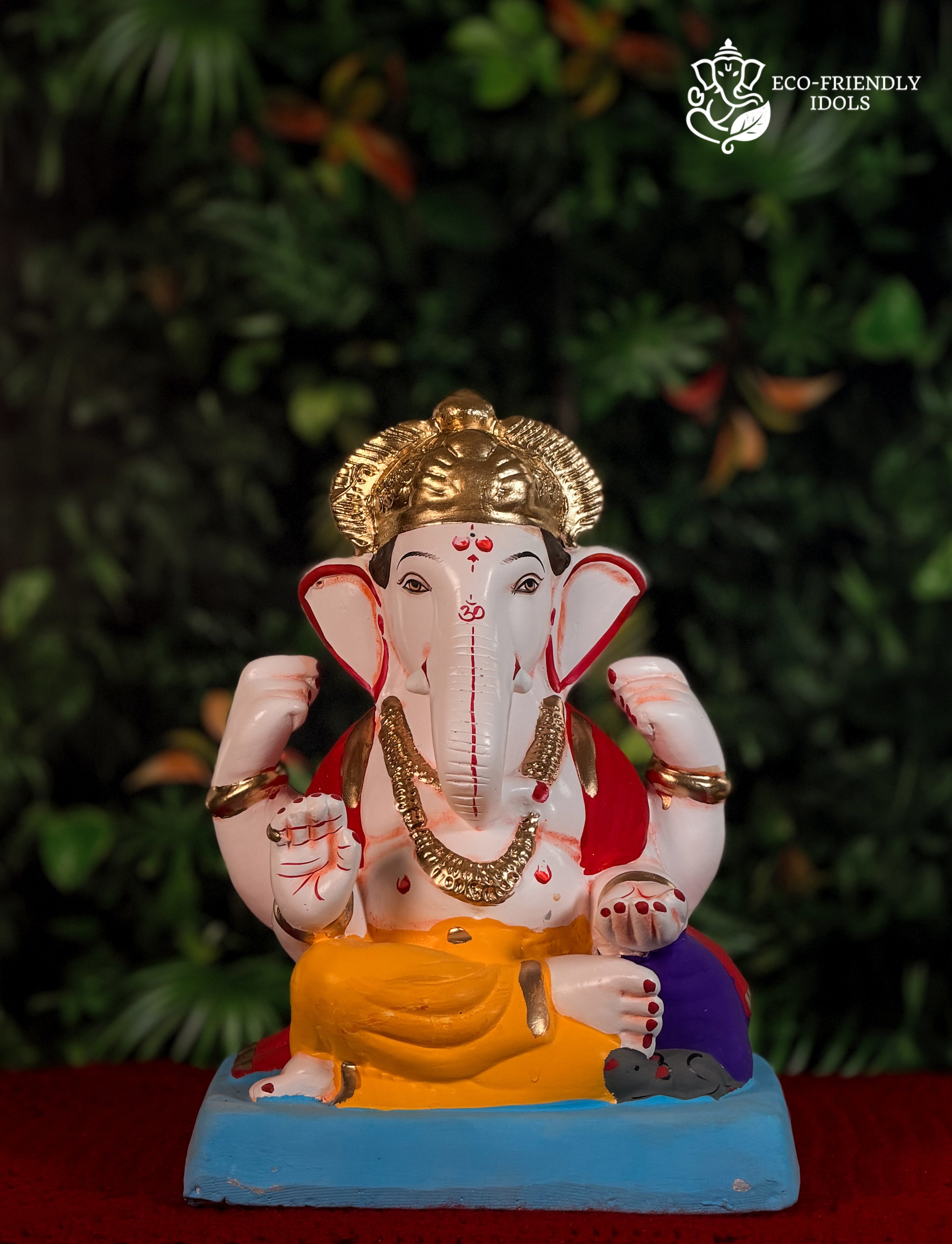 Shivrekar style Ganesh idol in yellow and red, 10 inches, traditional murti