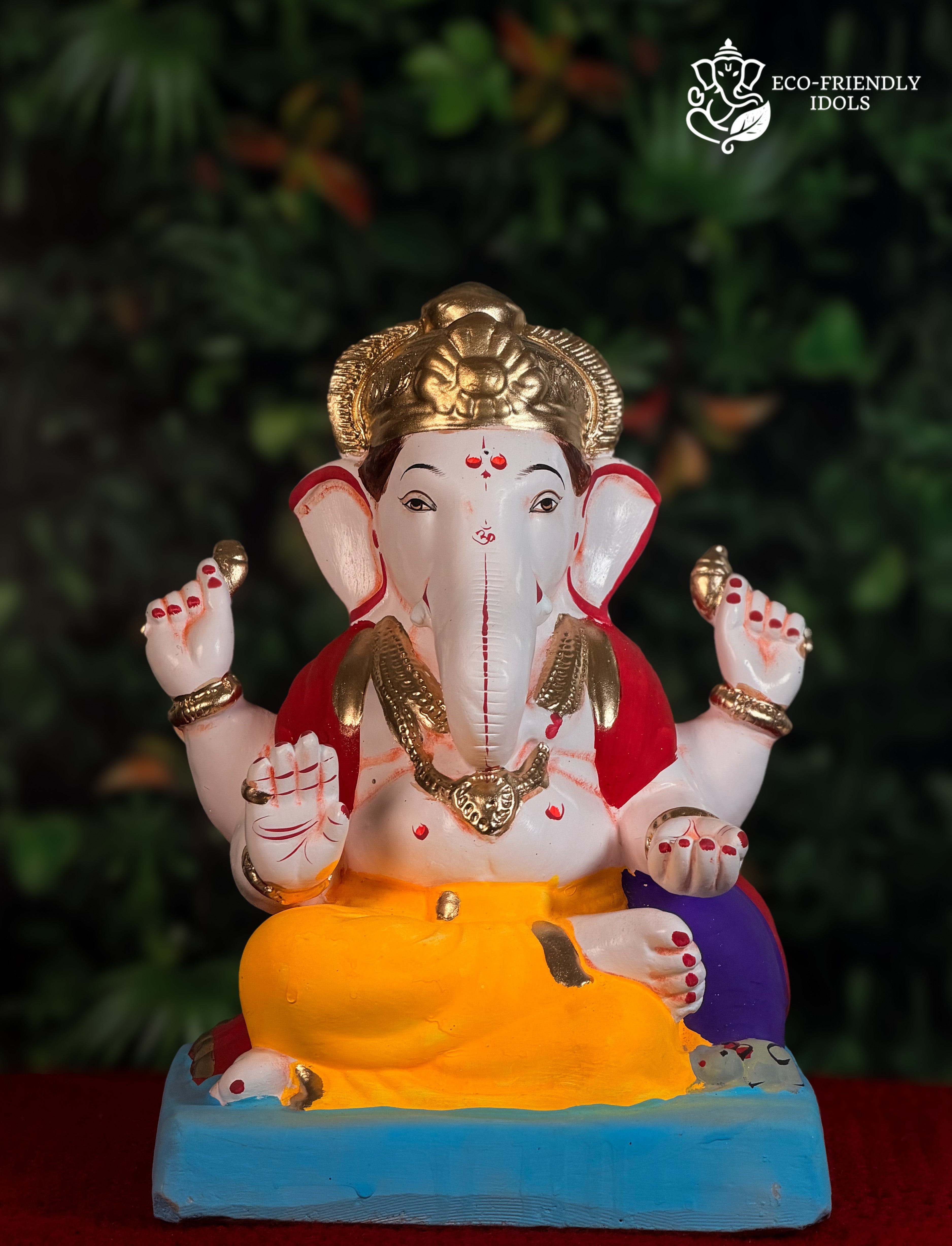 Shivrekar style Ganesh idol in yellow and red, 12 inches, expressive murti